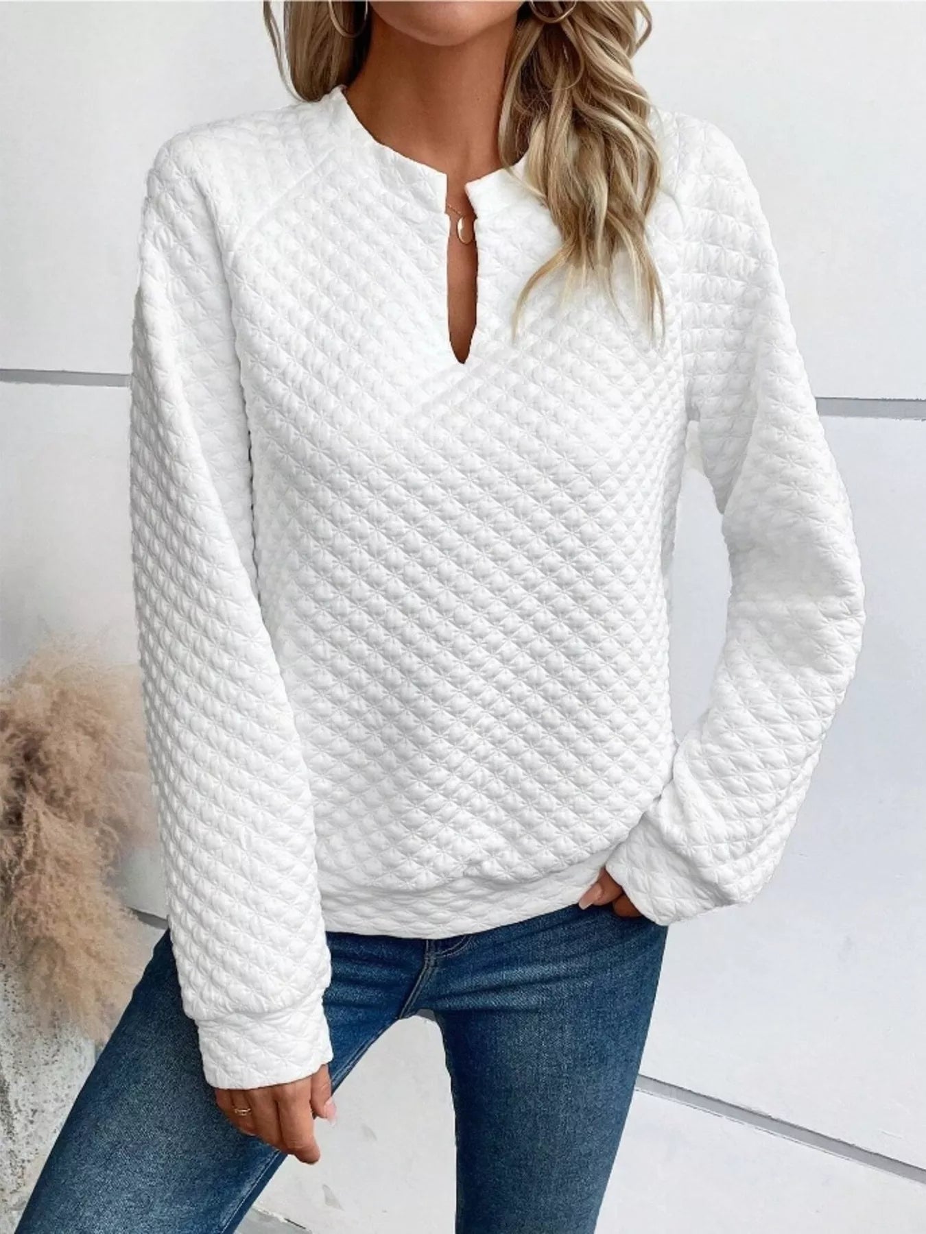 Notched Raglan Sleeve Sweatshirt – Casual Cozy Pullover