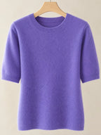 Lavender round-neck short-sleeve sweater with ribbed crew neckline and cuffs