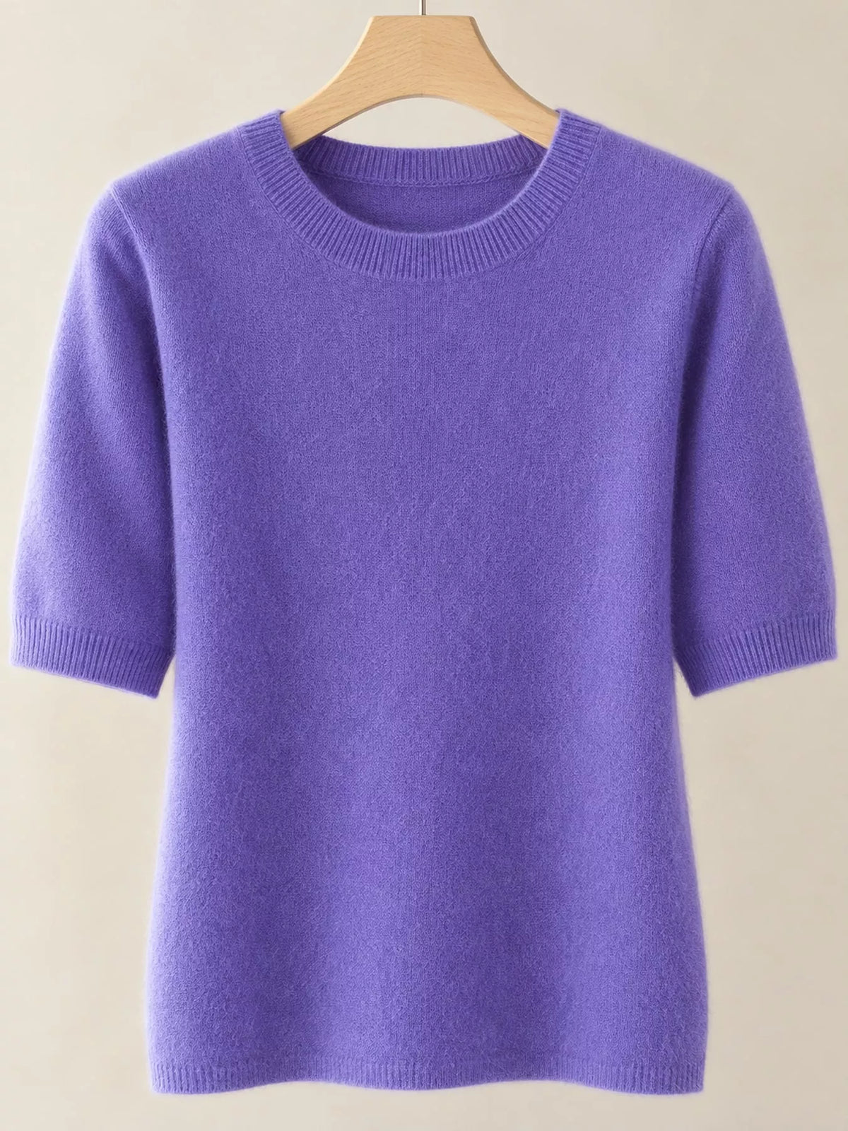 Lavender round-neck short-sleeve sweater with ribbed crew neckline and cuffs