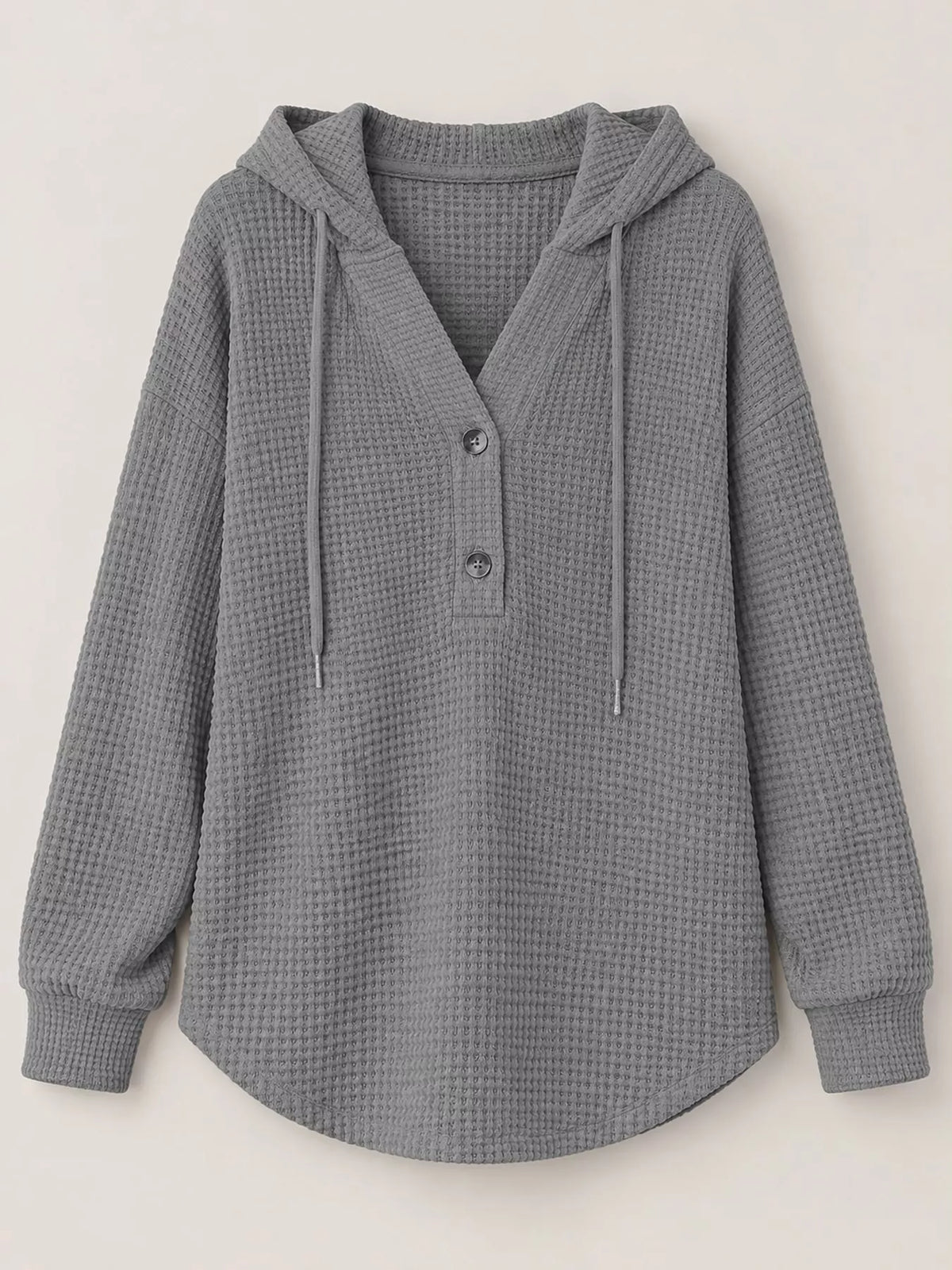 Gray waffle-knit button hoodie with hood, long sleeves, and front button placket
