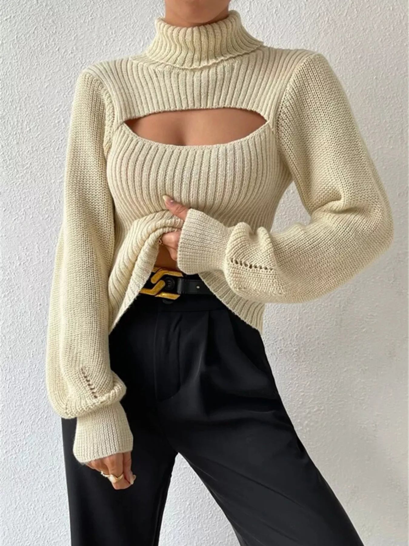 Cutout Front Turtleneck Long Sleeve Sweater – Chic Modern Knit