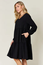 V-Neck Balloon Sleeve Tiered Dress – Flowy, Chic & With Pockets