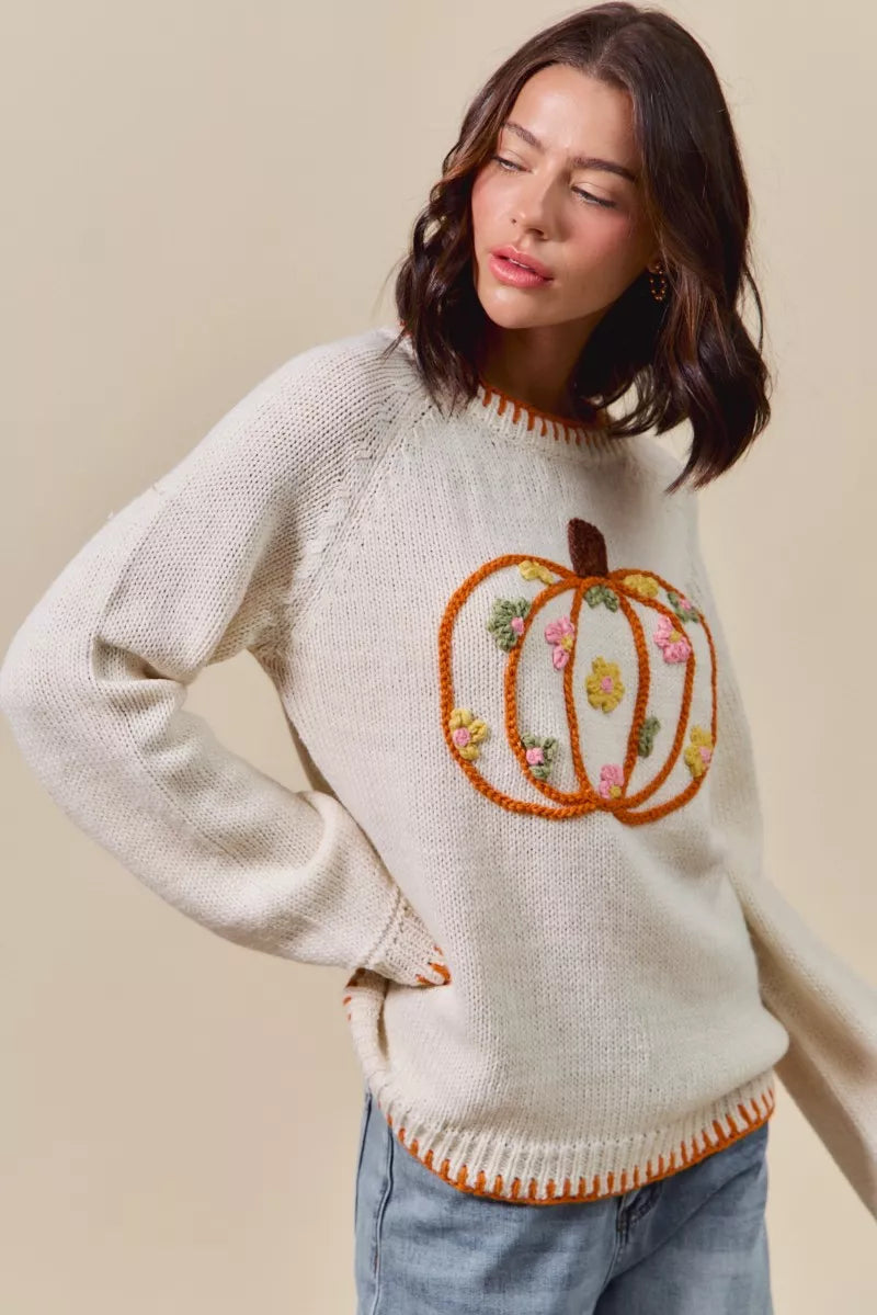 Pumpkin Floral Embroidered Thanksgiving Sweater – Festive Fall Knit