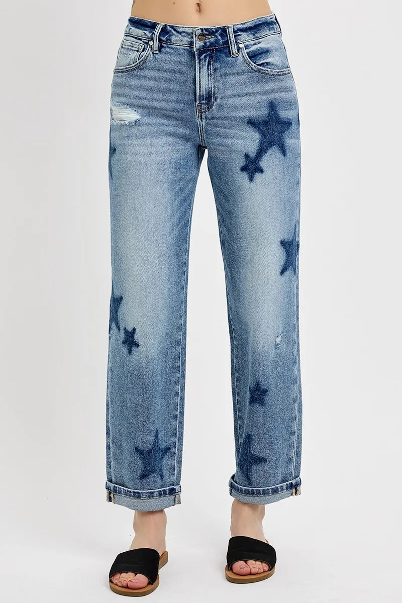 Dreamkue-Risen Women's Mid Rise Boyfriend Jeans with Star Shadow Detail and Cuffed Hem