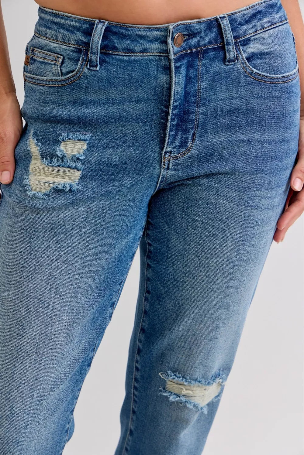 Judy Blue Mid Rise Boyfriend Patch & Repair Jeans – Edgy Denim Style