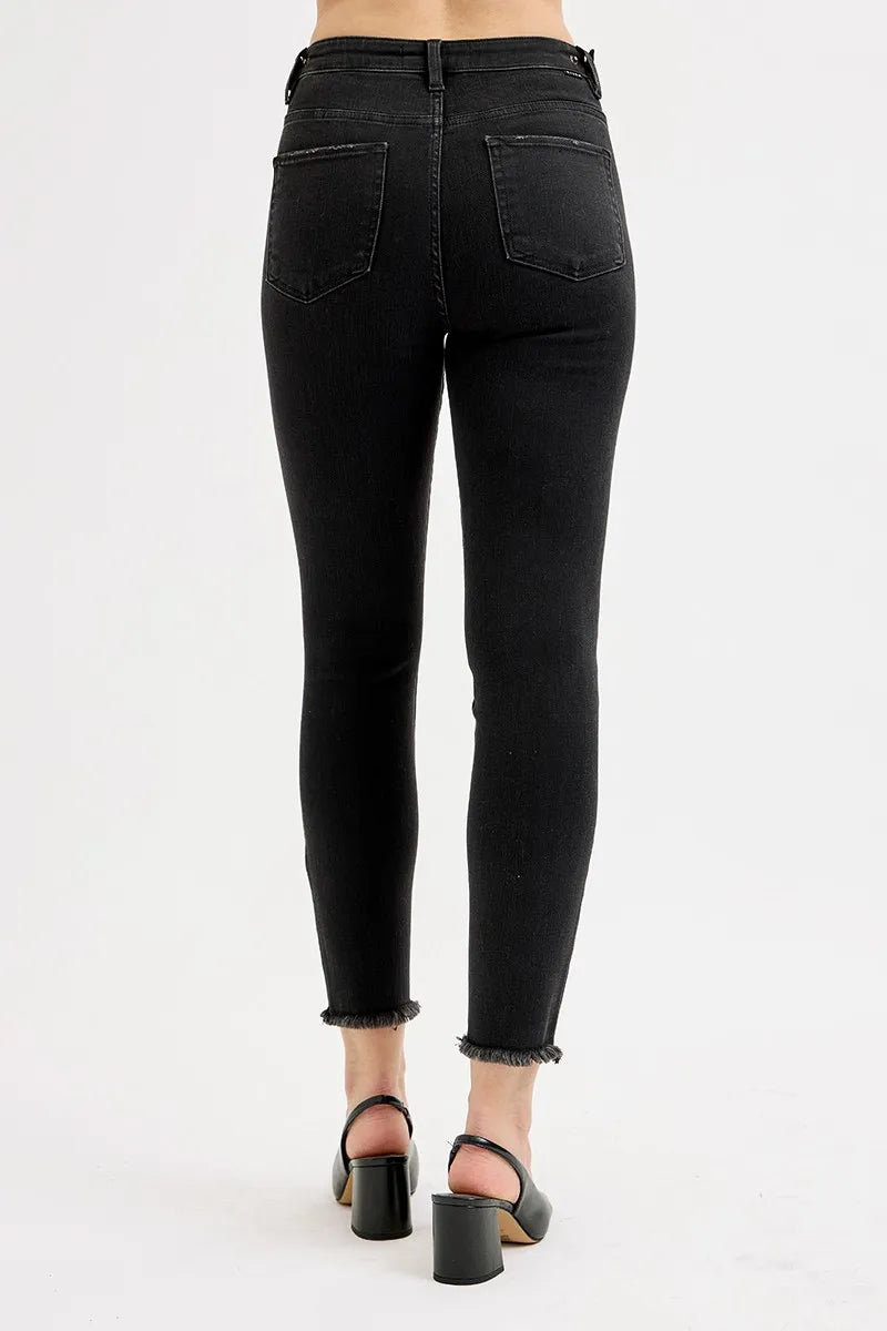 High-Waisted Black Skinny Jeans – Raw Hem Stretch Denim