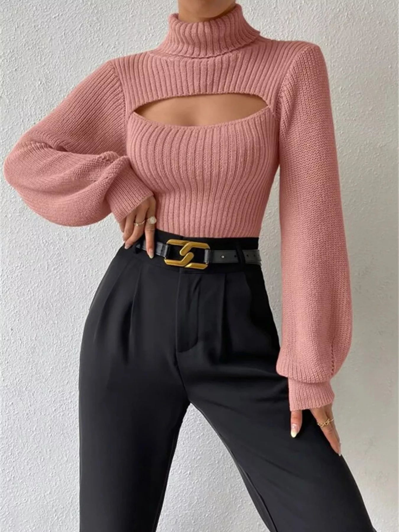 Cutout Front Turtleneck Long Sleeve Sweater – Chic Modern Knit