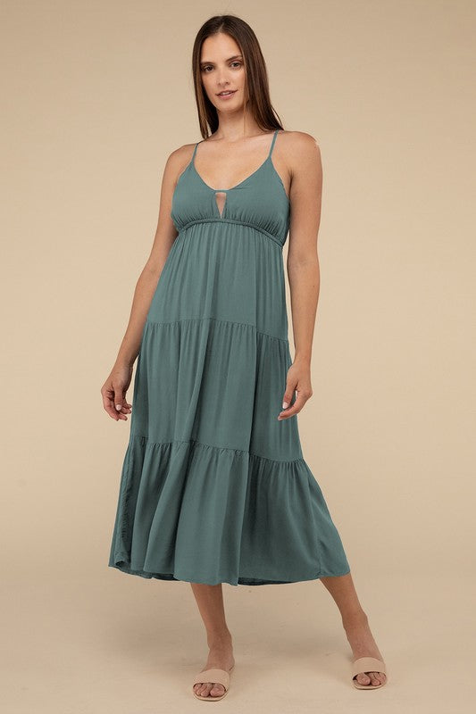Zenana Woven Sweetheart Neckline Tiered Cami Midi Dress