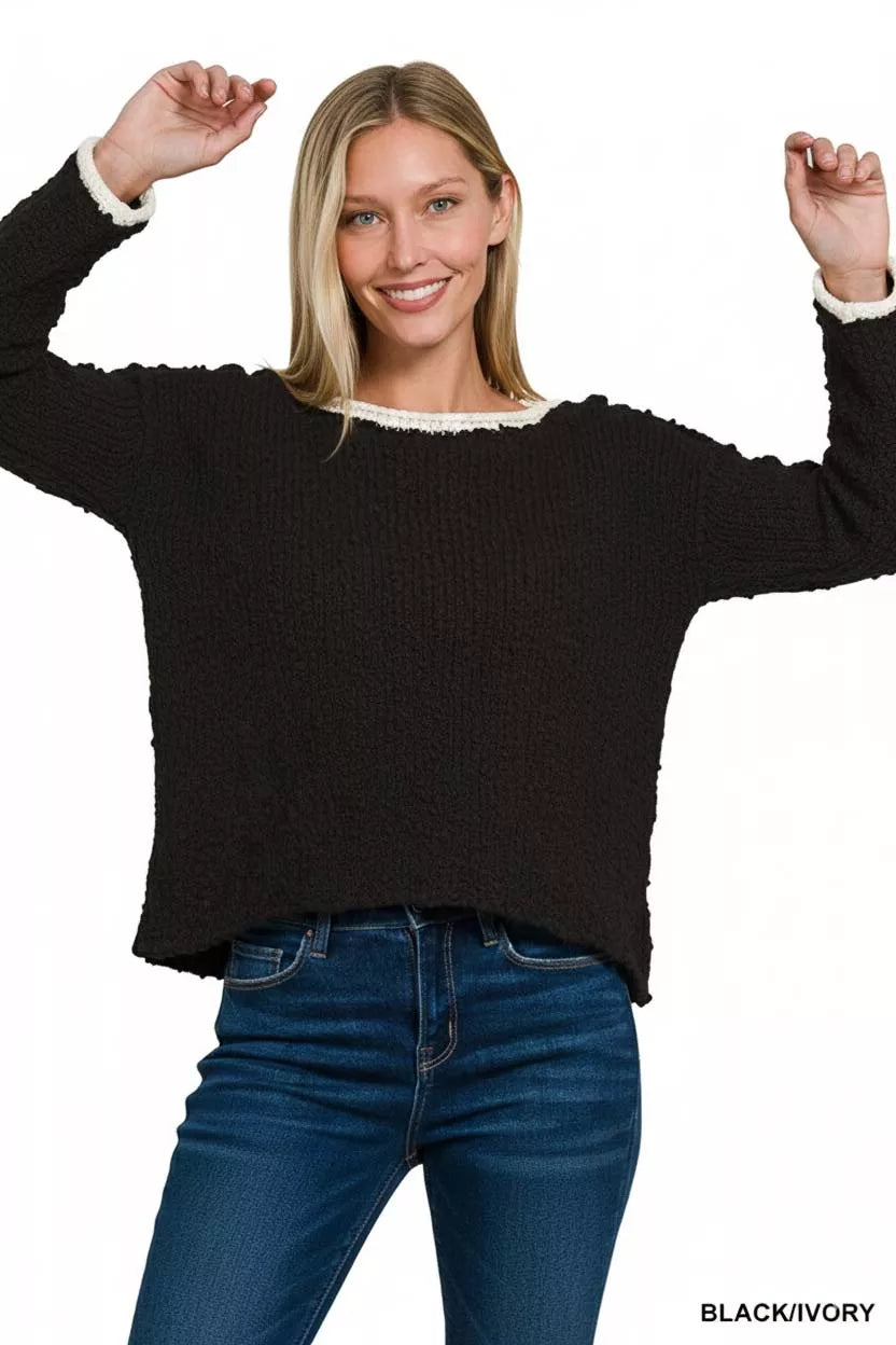 Zenana Contrast Trim Cropped Sweater – Trendy Soft Modern Style