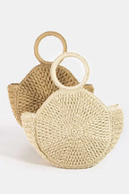 Straw braided tote bag with two circle handles, light beige/ivory tone