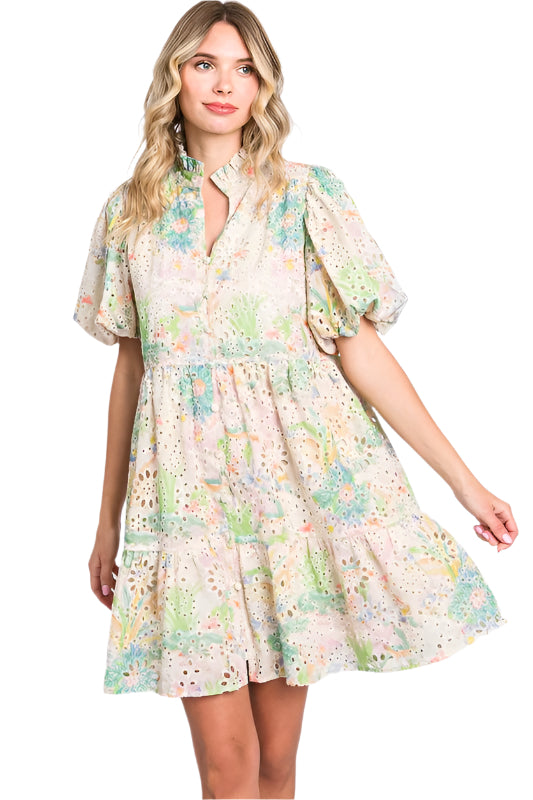 GeeGee Floral Eyelet Lace Puff Sleeve Mini Dress