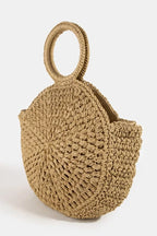 Straw braided circle handle bag, tan knit texture, medium tote shape