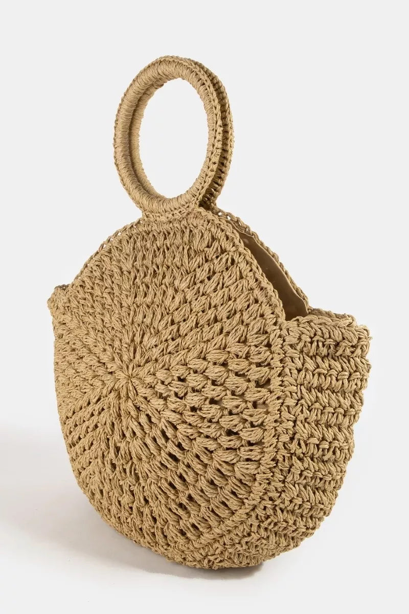 Straw braided circle handle bag, tan knit texture, medium tote shape