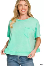 Mint acid-washed oversized pocket tee with crew neck and short sleeves