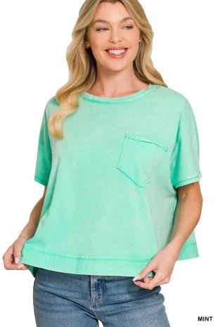 Mint acid-washed oversized pocket tee with crew neck and short sleeves