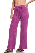 Plum drawstring lounge pants with elastic waist and straight wide legs, ankle-to-floor