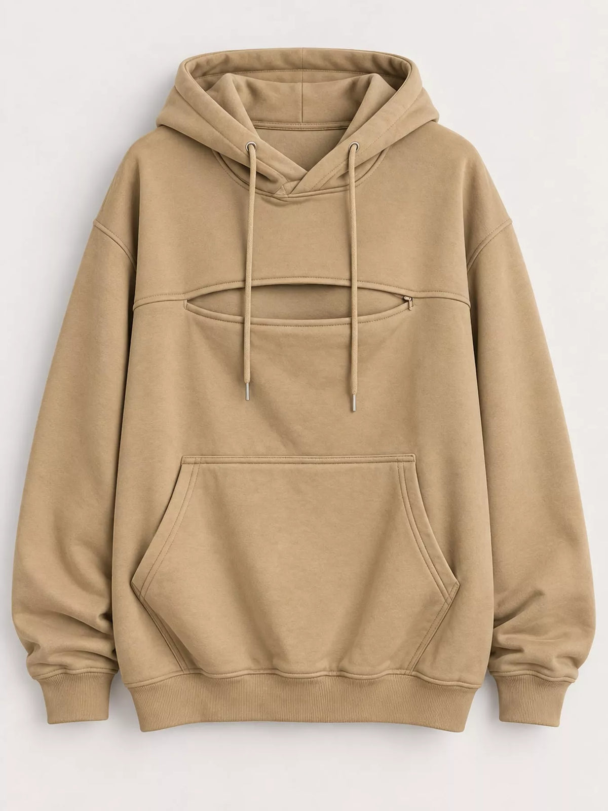 Tan cat pouch drawstring hoodie with kangaroo pocket and hood