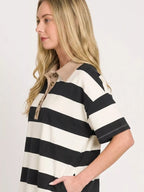 Black and white striped collared polo top with front button placket, short sleeves
