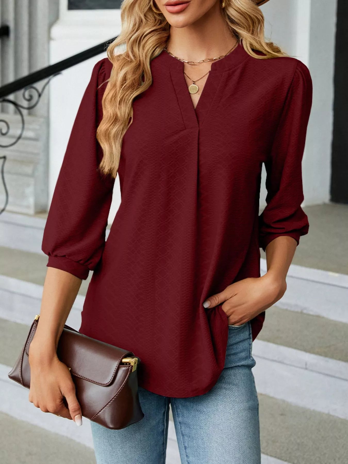 Notched 3/4 Sleeve Casual Top – Effortless Everyday Style