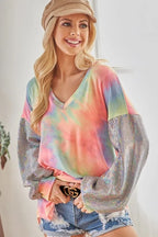 V-Neck Tie-Dye French Terry Top with Shimmer – Trendy & Cozy
