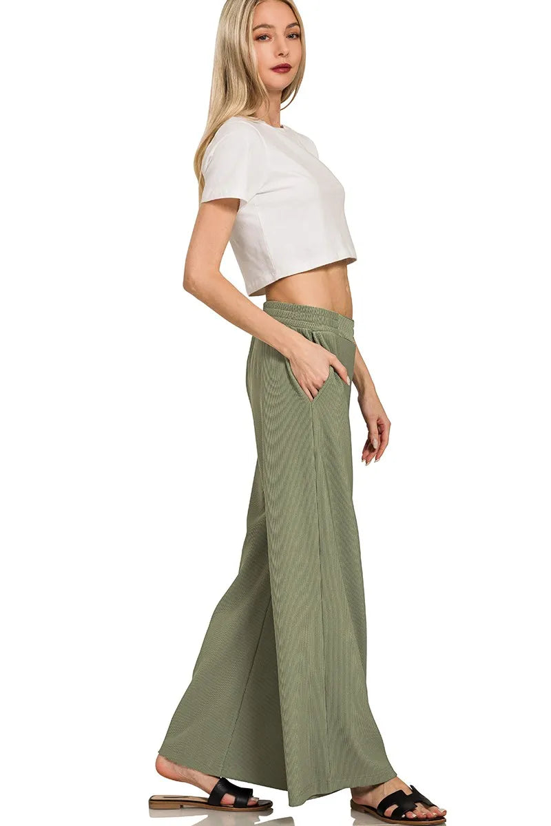 Olive Green Ribbed Knit Lounge Set – Half-Zip Hoodie & Palazzo Pants