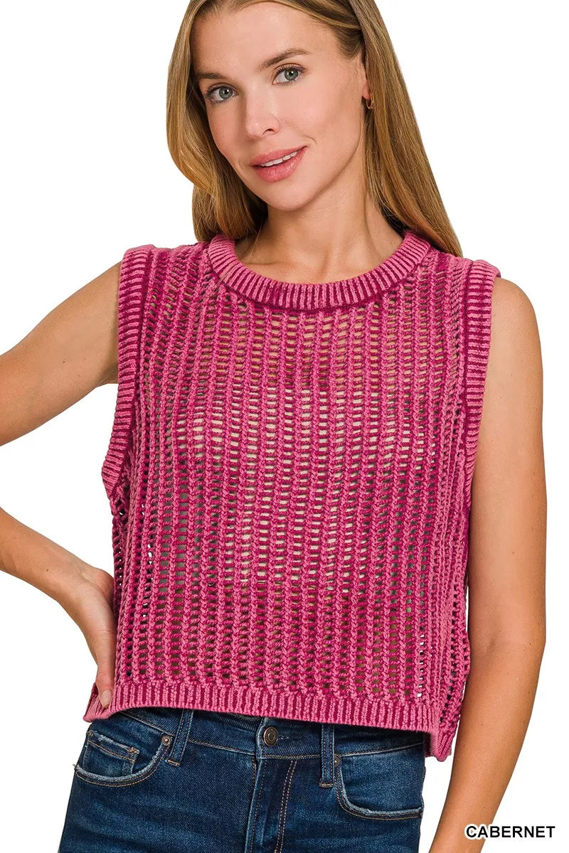 Zenana Acid Wash Fishnet Sweater Vest – Edgy Grunge Style