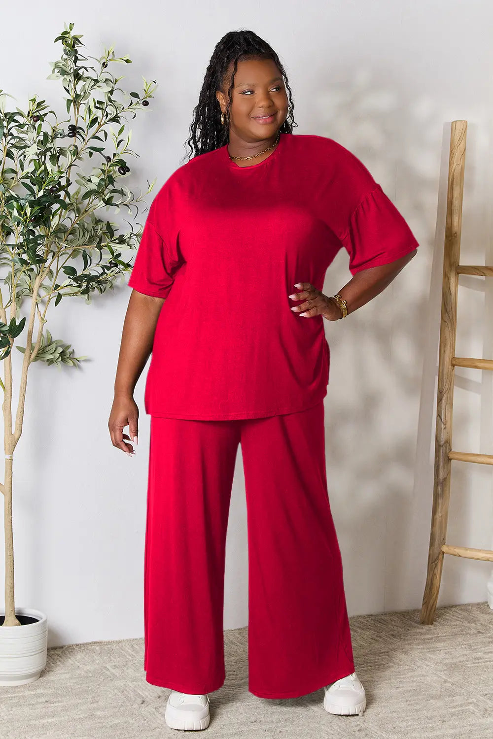 Chic Round Neck Slit Top & Pants Set – Stylish, Comfy & Versatile