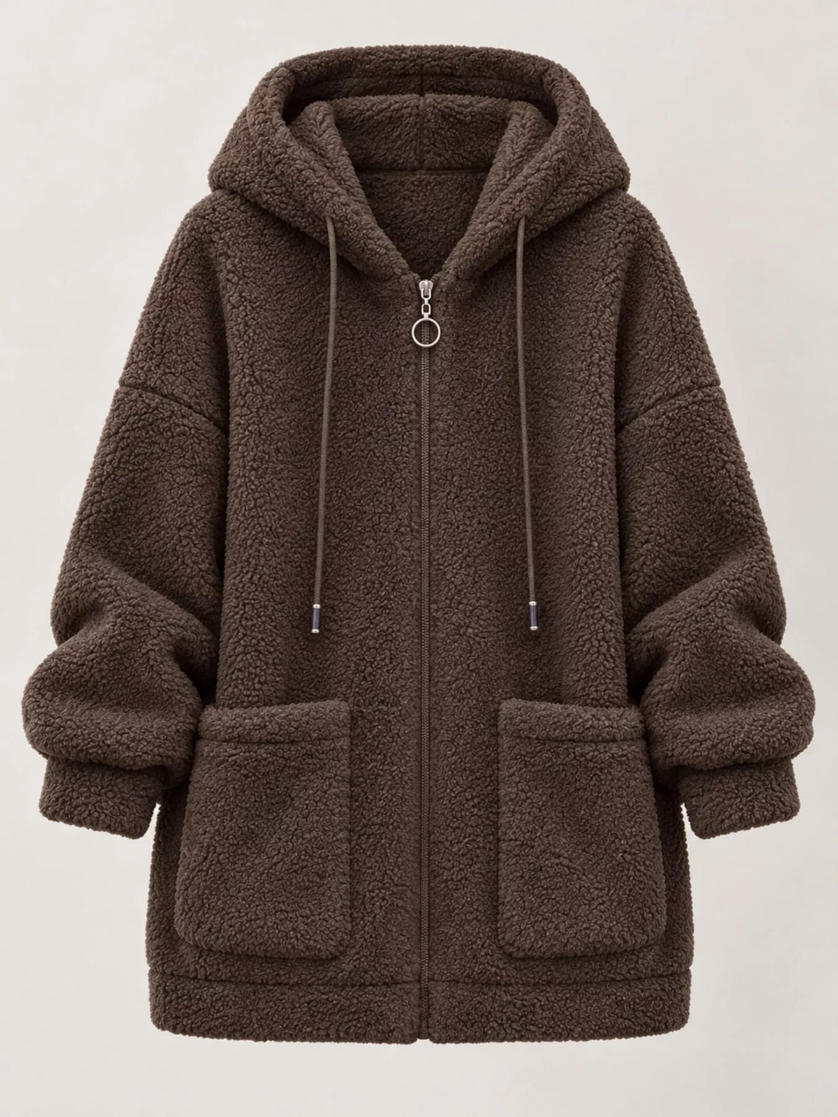 Brown fleece zip-up hoodie with drawstring hood and two front pockets