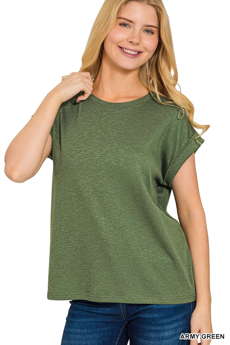Zenana Cotton Modal Slub Rolled Sleeve T-Shirt – Soft, Casual & Versatile
