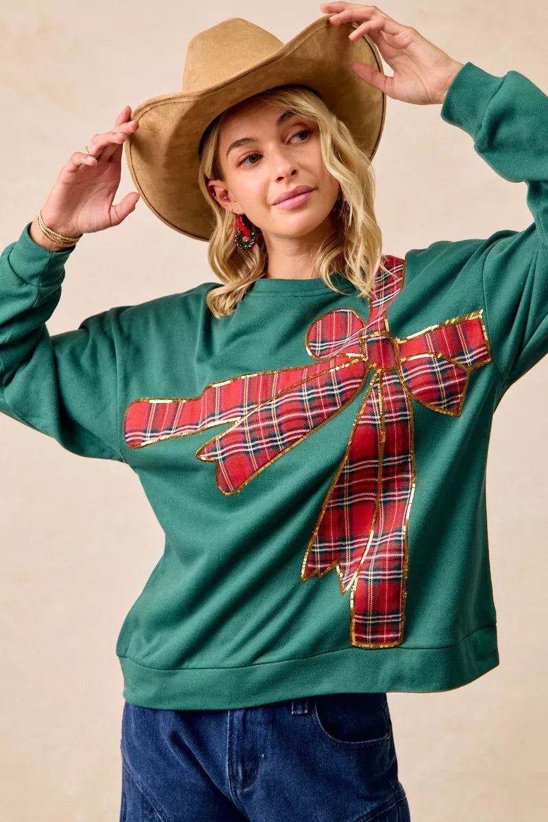 BiBi Plaid Ribbon Bow Christmas Fleece Pullover – Festive Cozy Holiday Top