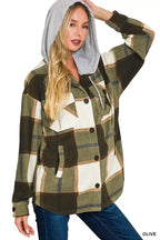 Women’s plaid fleece hooded shacket in olive and cream, button closure, long sleeves.