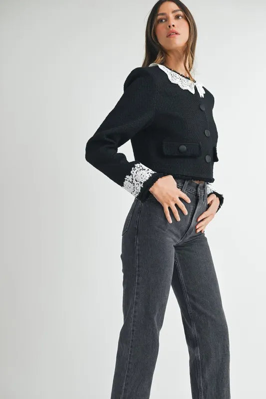 MABLE Lace Trim Collar Tweed Crop Jacket
