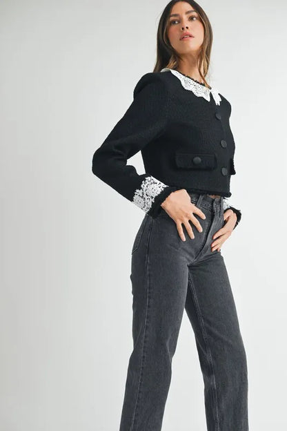 MABLE Lace Trim Collar Tweed Crop Jacket