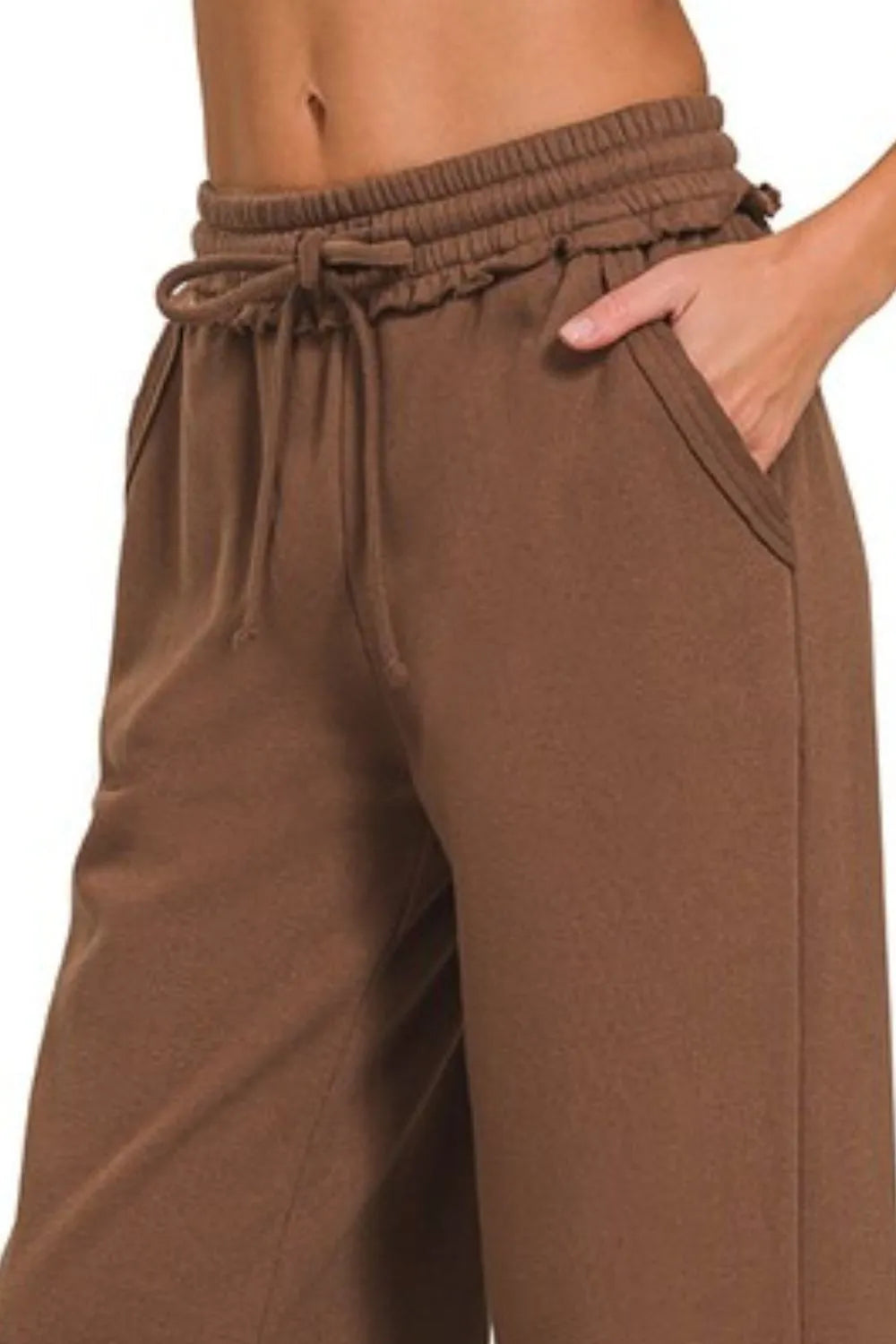 Brown Wide Leg Lounge Pants – Knit, Drawstring Waist & Side Pockets