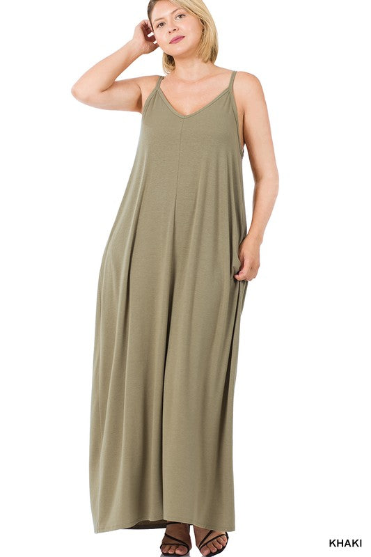 Zenana V-Neck Cami Maxi Dress with Side Pockets