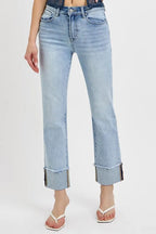 Dreamkue-Risen Women’s High Rise Straight Leg Cuffed Relaxed Fit Jeans Casual Stretch Denim Pants