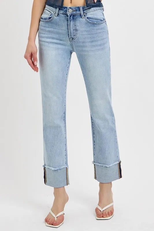 Dreamkue-Risen Women’s High Rise Straight Leg Cuffed Relaxed Fit Jeans Casual Stretch Denim Pants