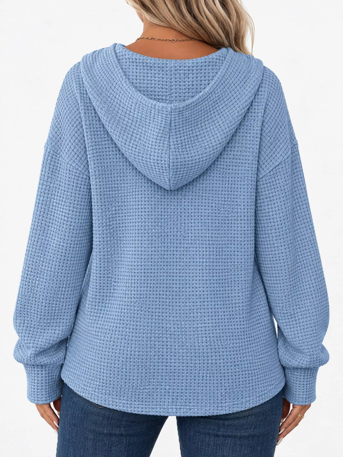 Light blue waffle-knit button hoodie back with hood and ribbed hem and cuffs.