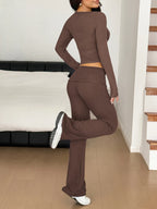 Long Sleeve Crop Top & Bootcut Pants Set – Trendy Two-Piece Outfit