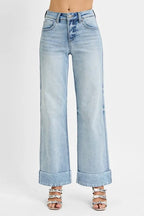 Tummy Control High Rise Ankle Wide Cuffed Jeans | Slimming Trendy Fit