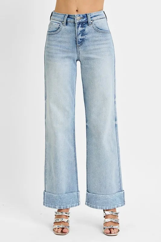 Tummy Control High Rise Ankle Wide Cuffed Jeans | Slimming Trendy Fit