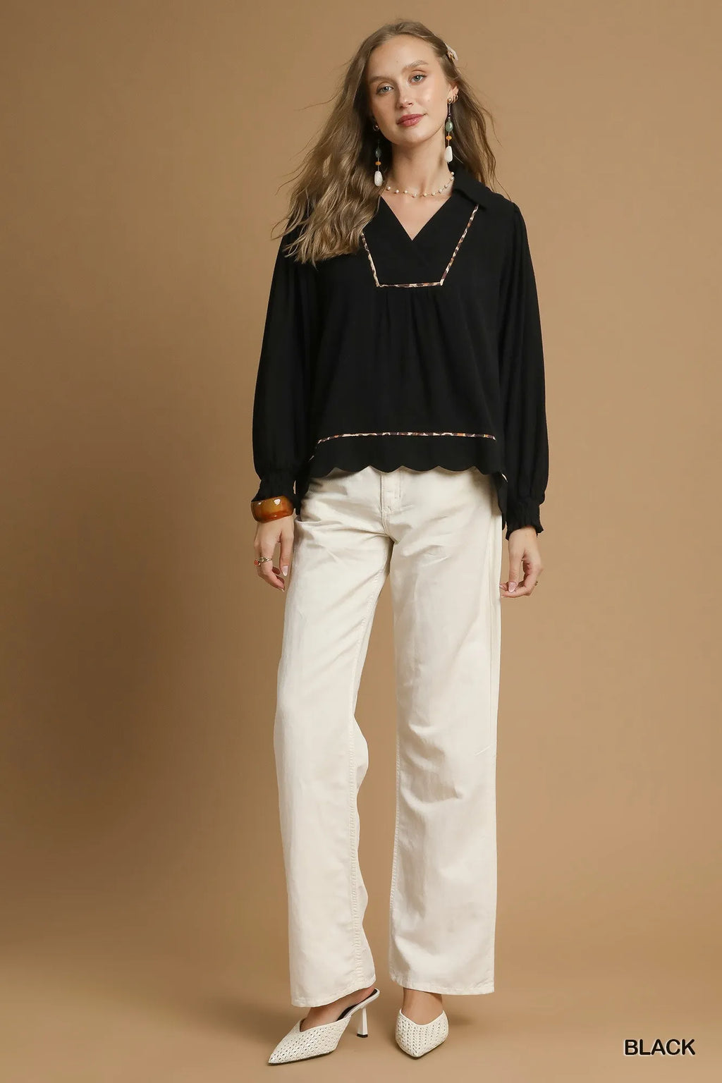 Linen Scallop Hem Blouse with Contrast Trim | Chic Women’s Casual Top