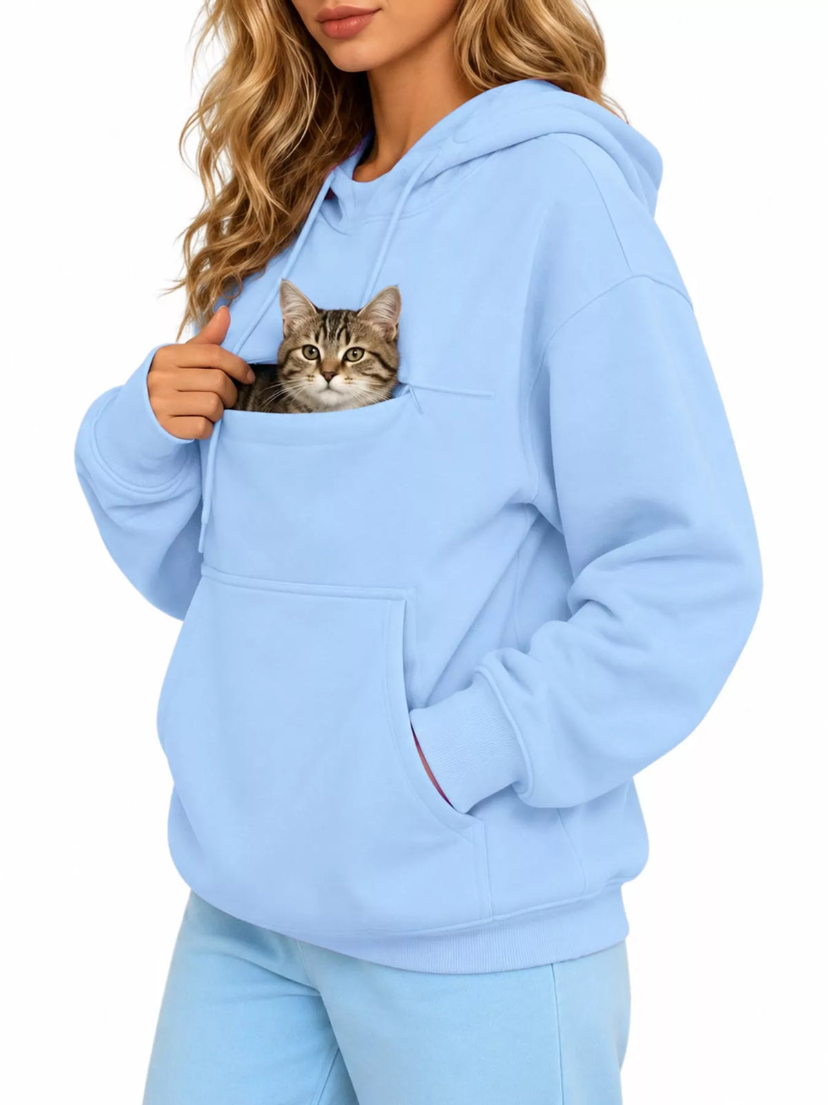 Light blue cat-pouch hoodie showing cat face in front pouch