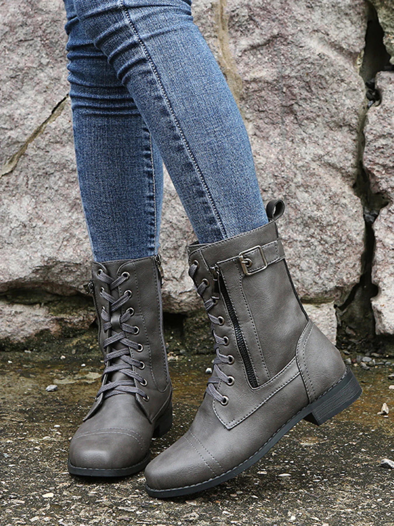 Lace-Up Boots with Side Zipper – Stylish Comfortable Ankle Boots
