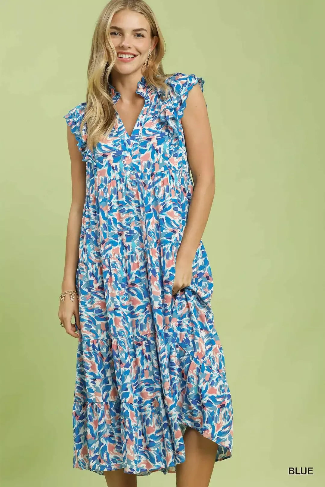 Blue tropical print tiered midi dress, V-neck and ruffle cap sleeves