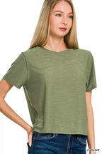 Light olive slub cotton short-sleeve crew neck tee with round neckline