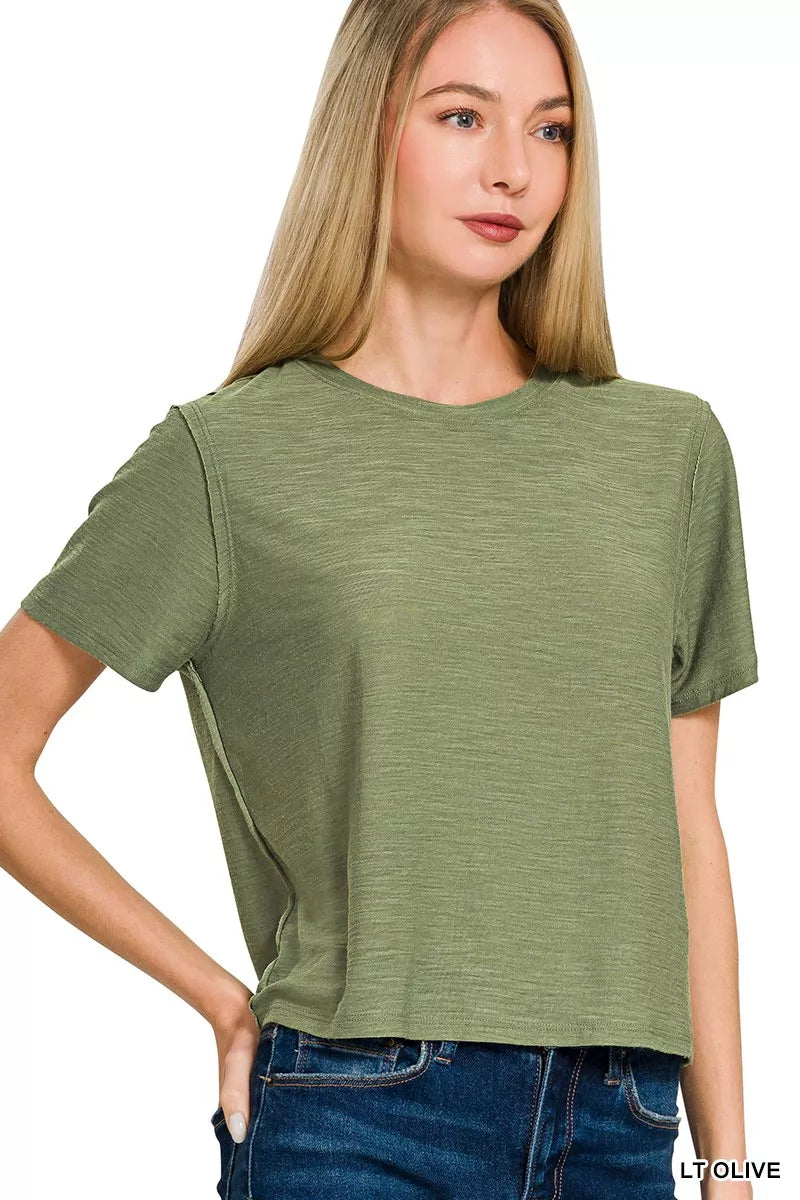Light olive slub cotton short-sleeve crew neck tee with round neckline