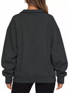 Oversized zip-neck sweatshirt, dark charcoal back view with ribbed hem and cuffs