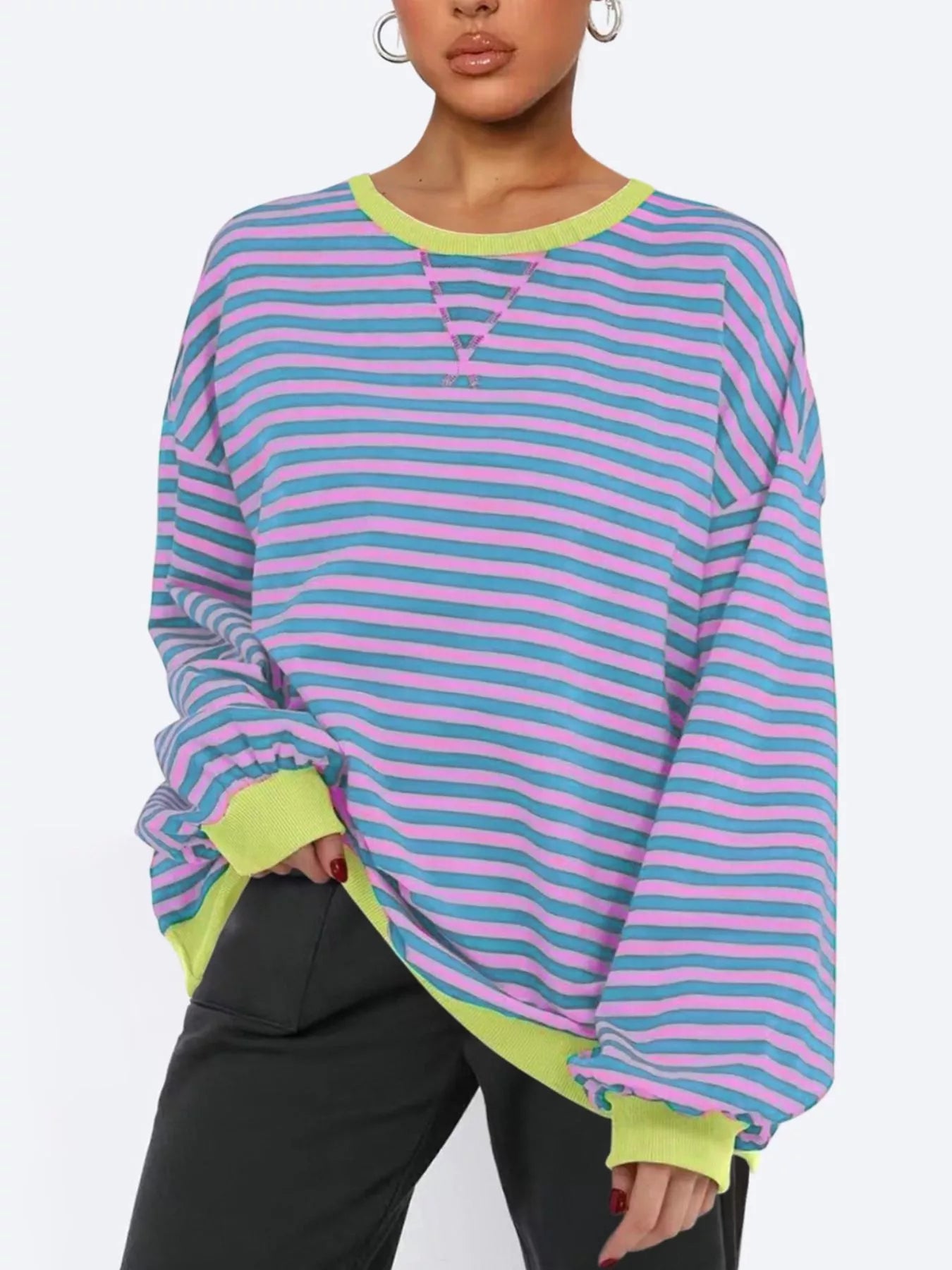 Striped Round Neck Long Sleeve Sweatshirt – Casual Everyday Style