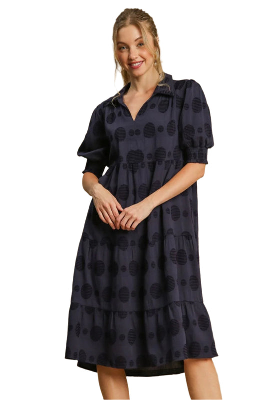 Umgee Swiss Dot Jacquard Tiered Midi Dress